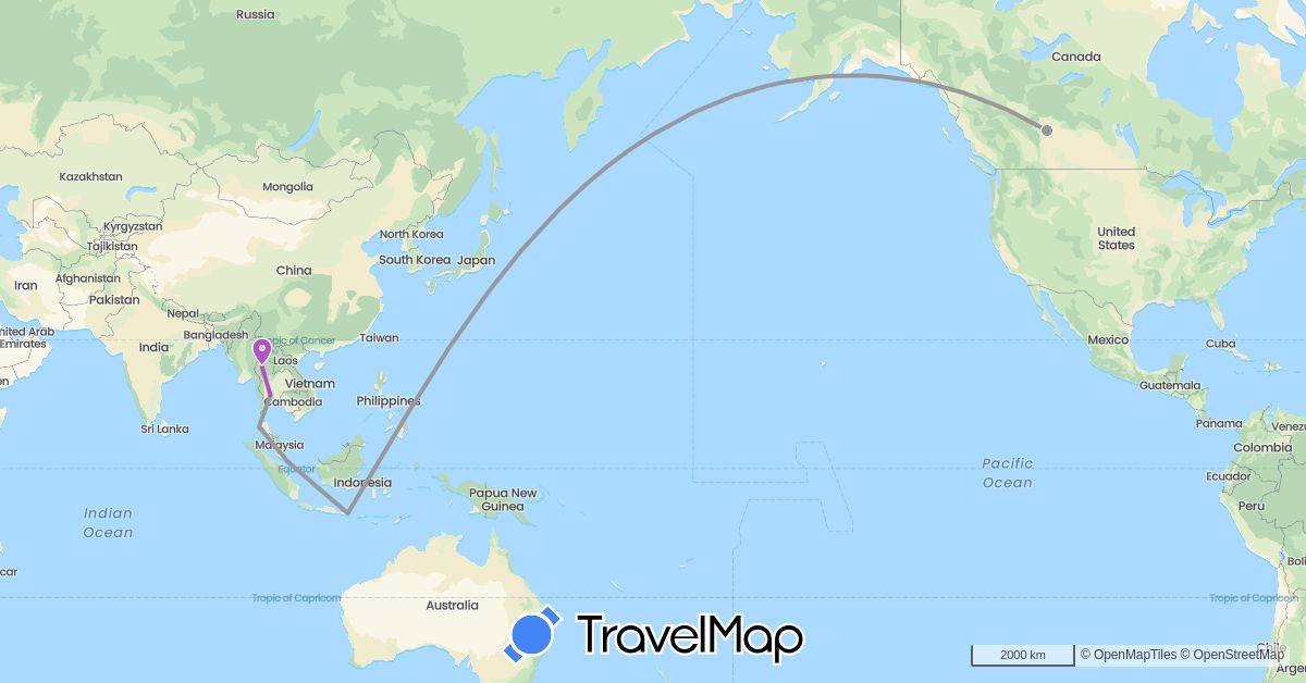 TravelMap itinerary: plane, train in Canada, Indonesia, Singapore, Thailand (Asia, North America)